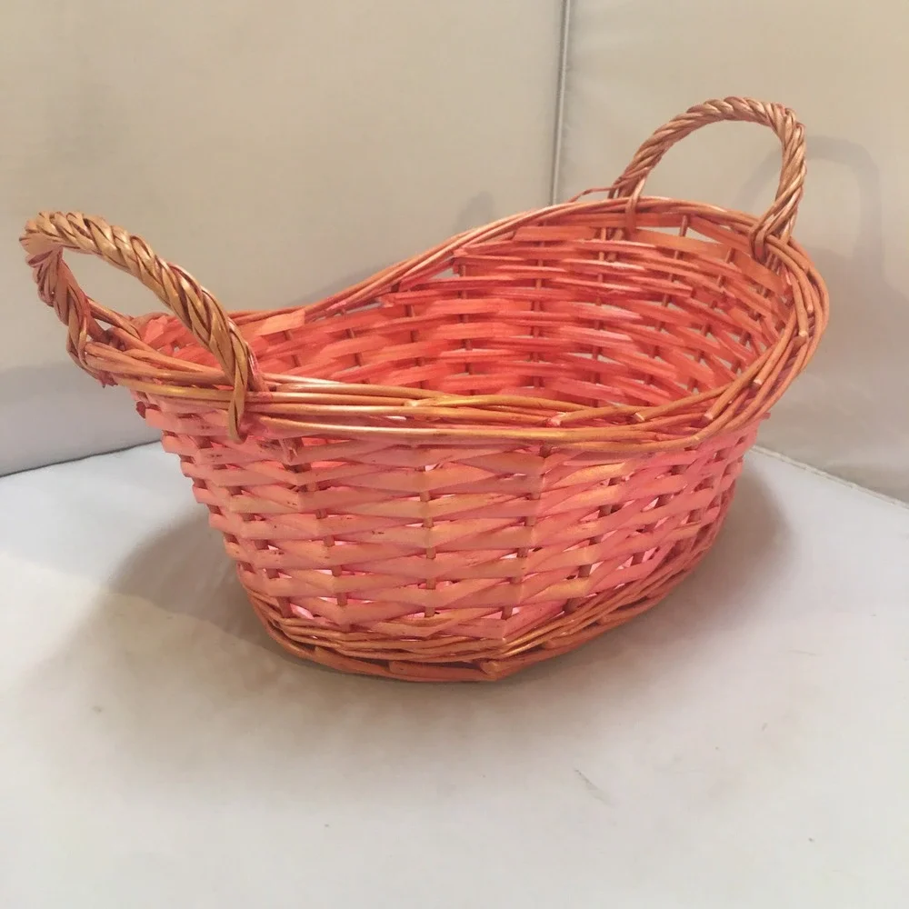Woven Wicker Storage Basket Home Decor Small Coral Pink Oval Handle Cottagecore